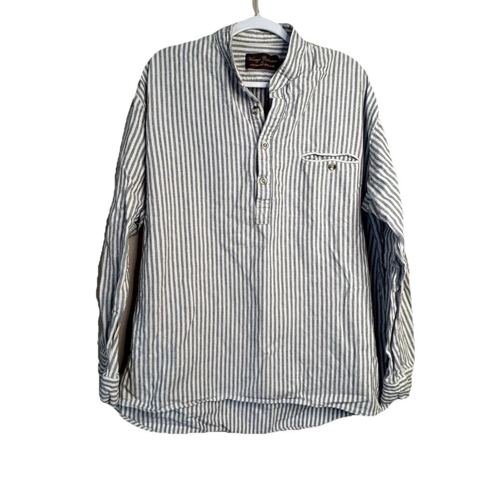Lee Valley Ireland Men's Flannel Grandfather Shirt - Navy Stripe Size XL I18